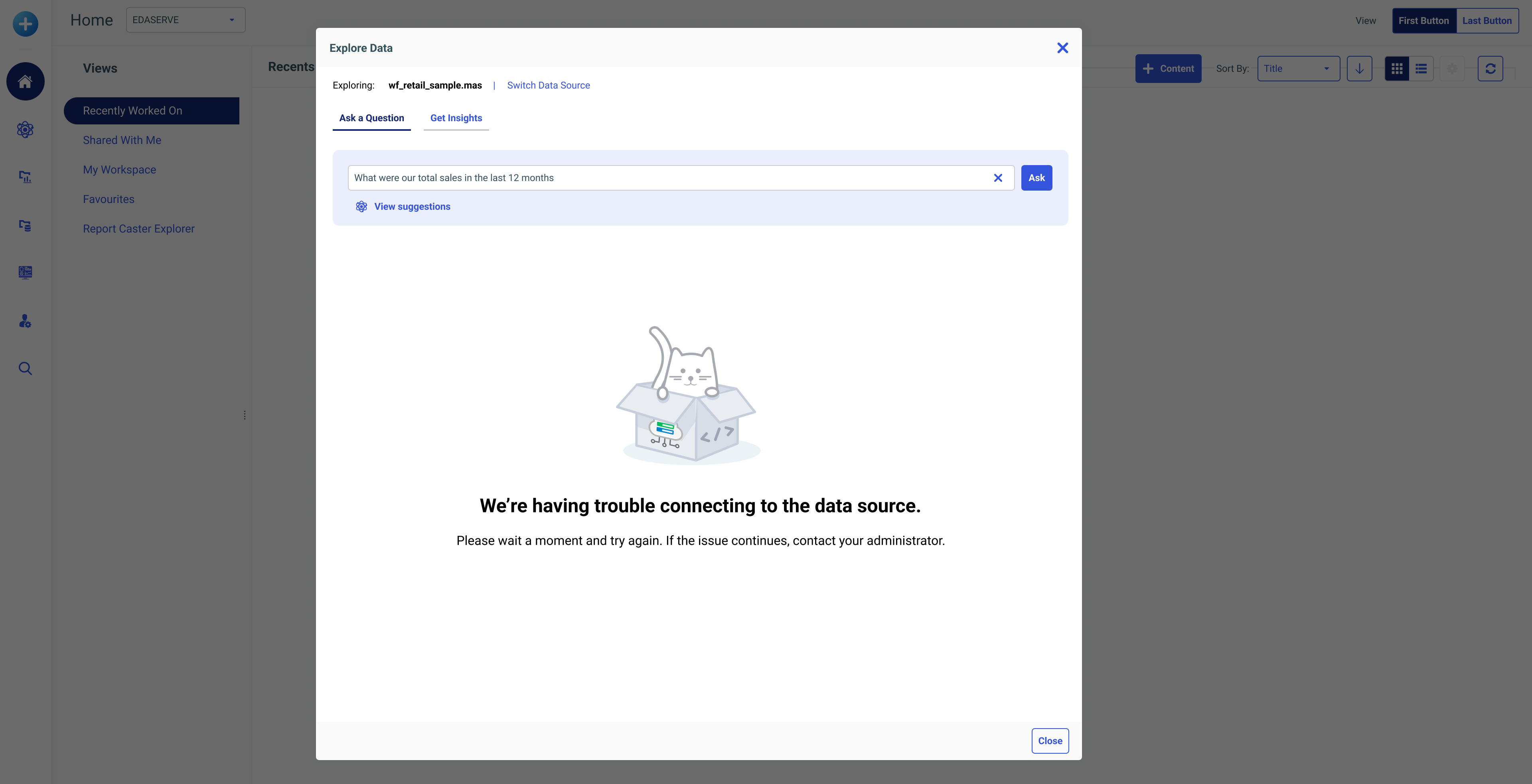 Redesigned NLQ error — a friendly illustration and a plain-language message instead of a raw SQL dump